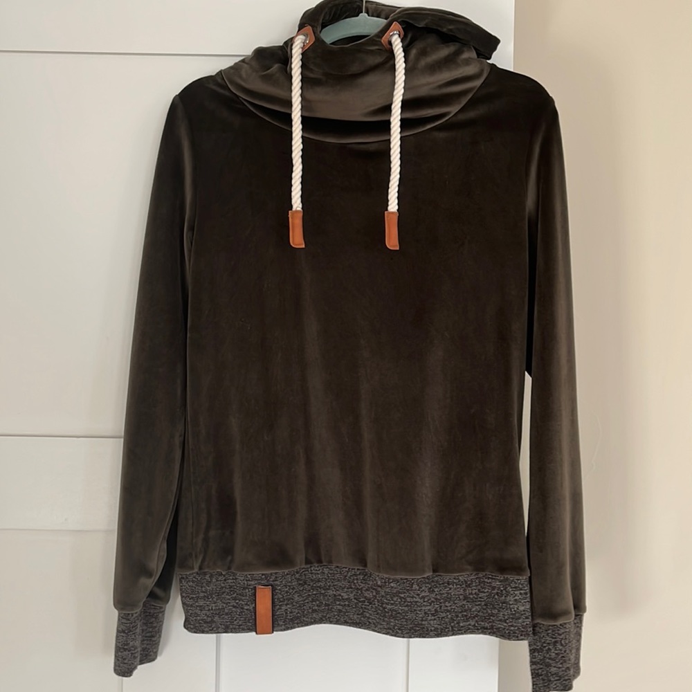 Velour hooded sweatshirt with cute front ties and gray waist band.